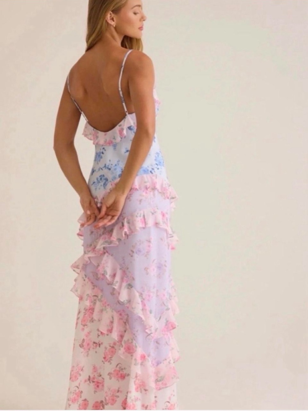 Altar'd State Pink & Blue Floral Ruffled Maxi Dress - Picture 3 of 6